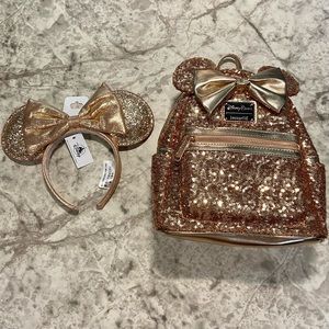 Brand new with tags DISNEY Rose Gold Sequins Loungefly Backpack & Ears